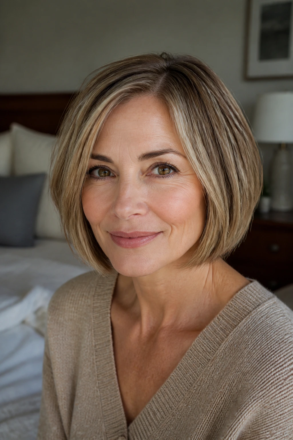 Close-up portrait of a real woman with chin-length haircut showing dense perimeter on fine hair
