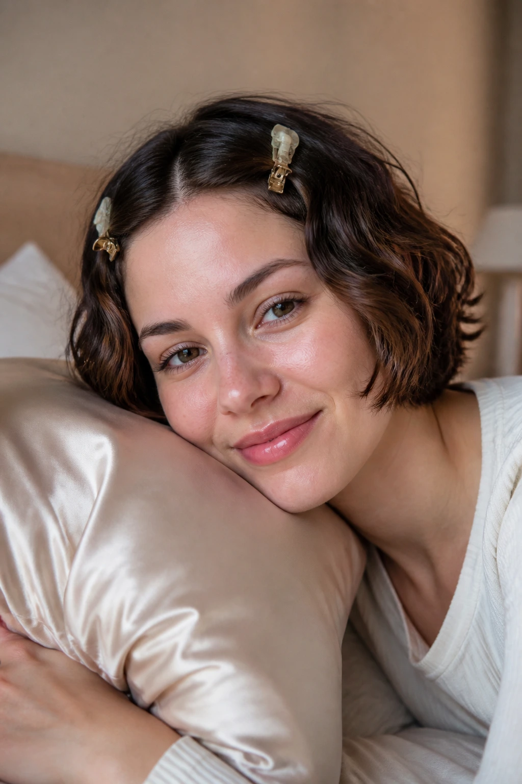 Close-up portrait of a woman with chin-length hair on a silk pillow in a bedroom