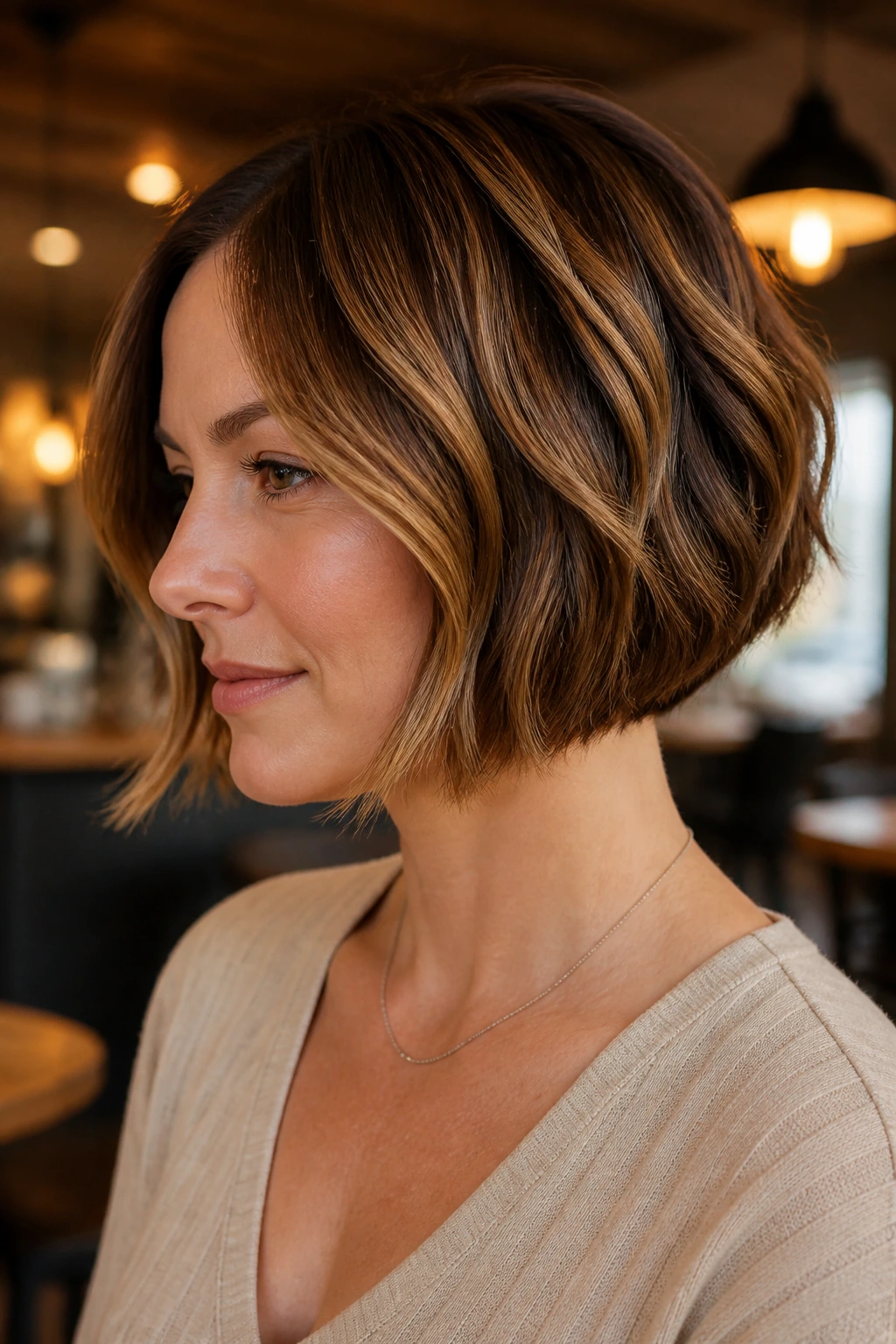 Real woman with chin-length inverted bob and warm lowlights