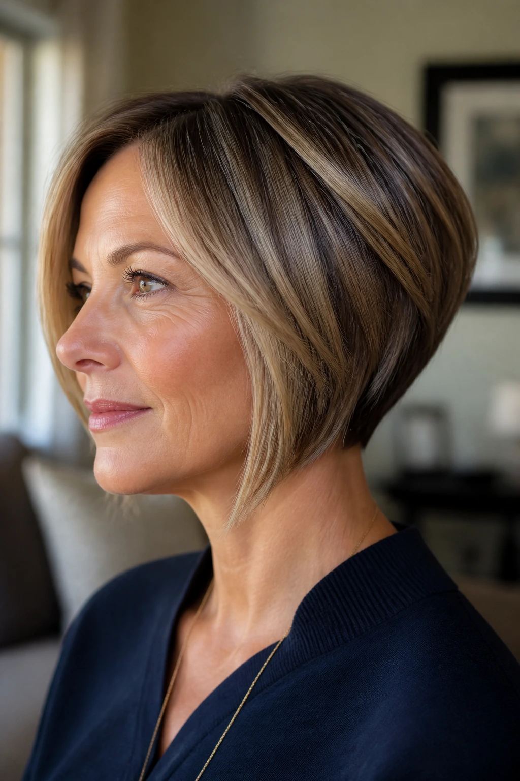 Close-up portrait of a real woman with a chin-length inverted bob showing back shorter and front longer pieces