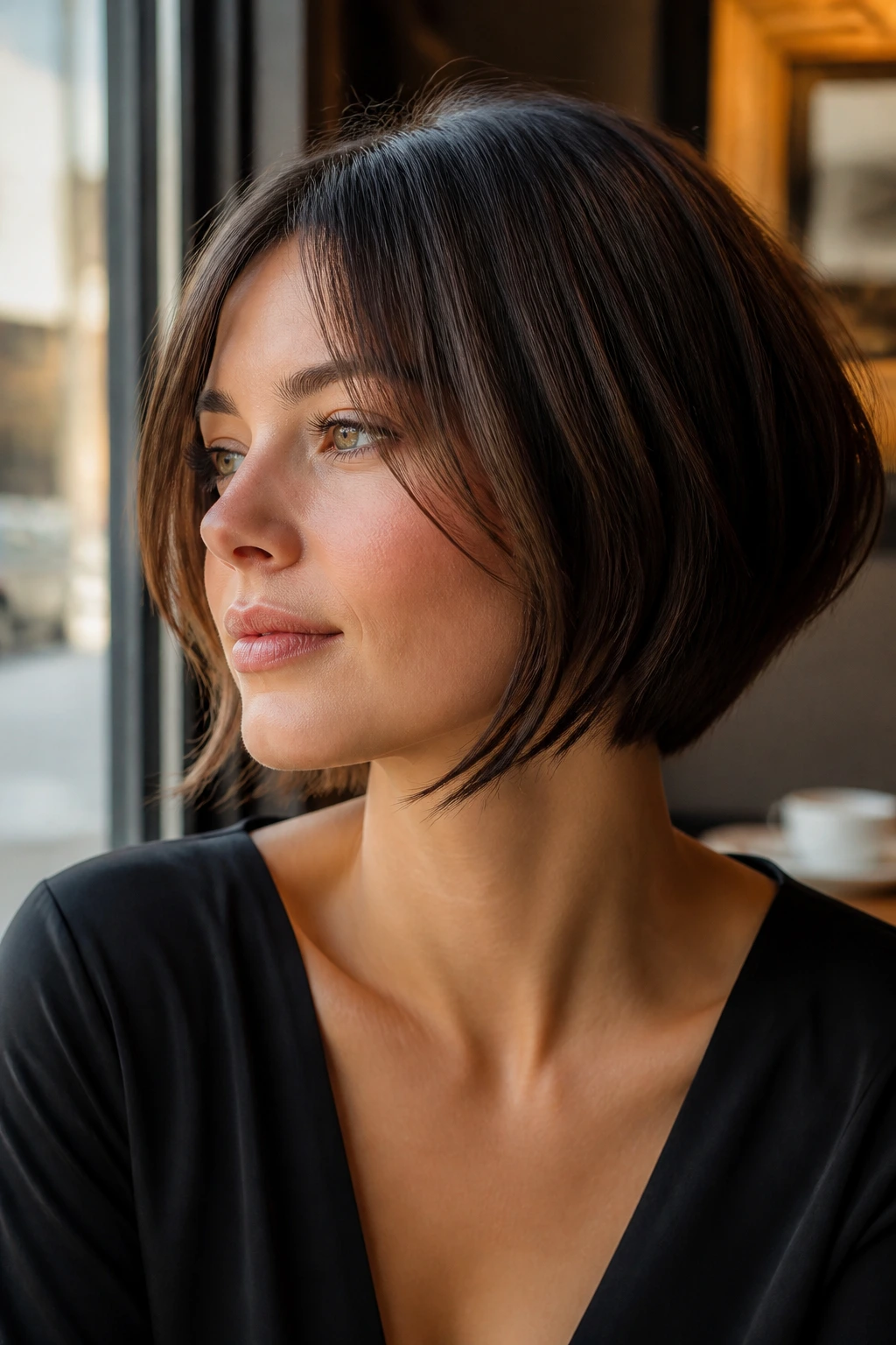 Real person with chin-length inverted bob and wispy jaw layers in cafe light