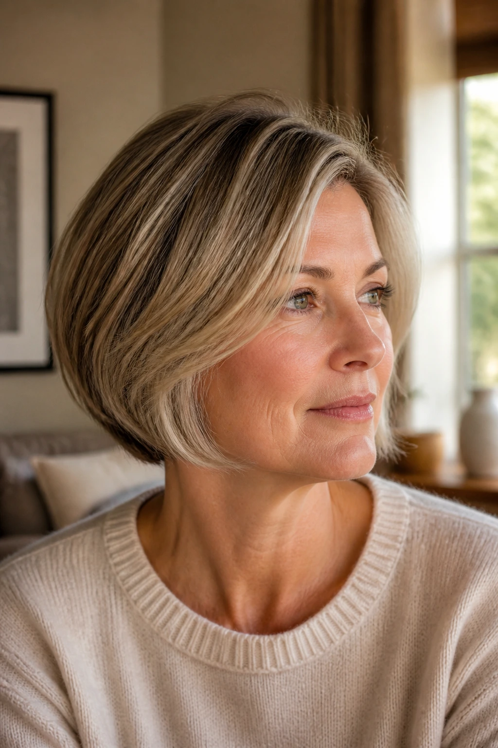 Close-up portrait of woman with chin-length soft layered bob in warm daylight