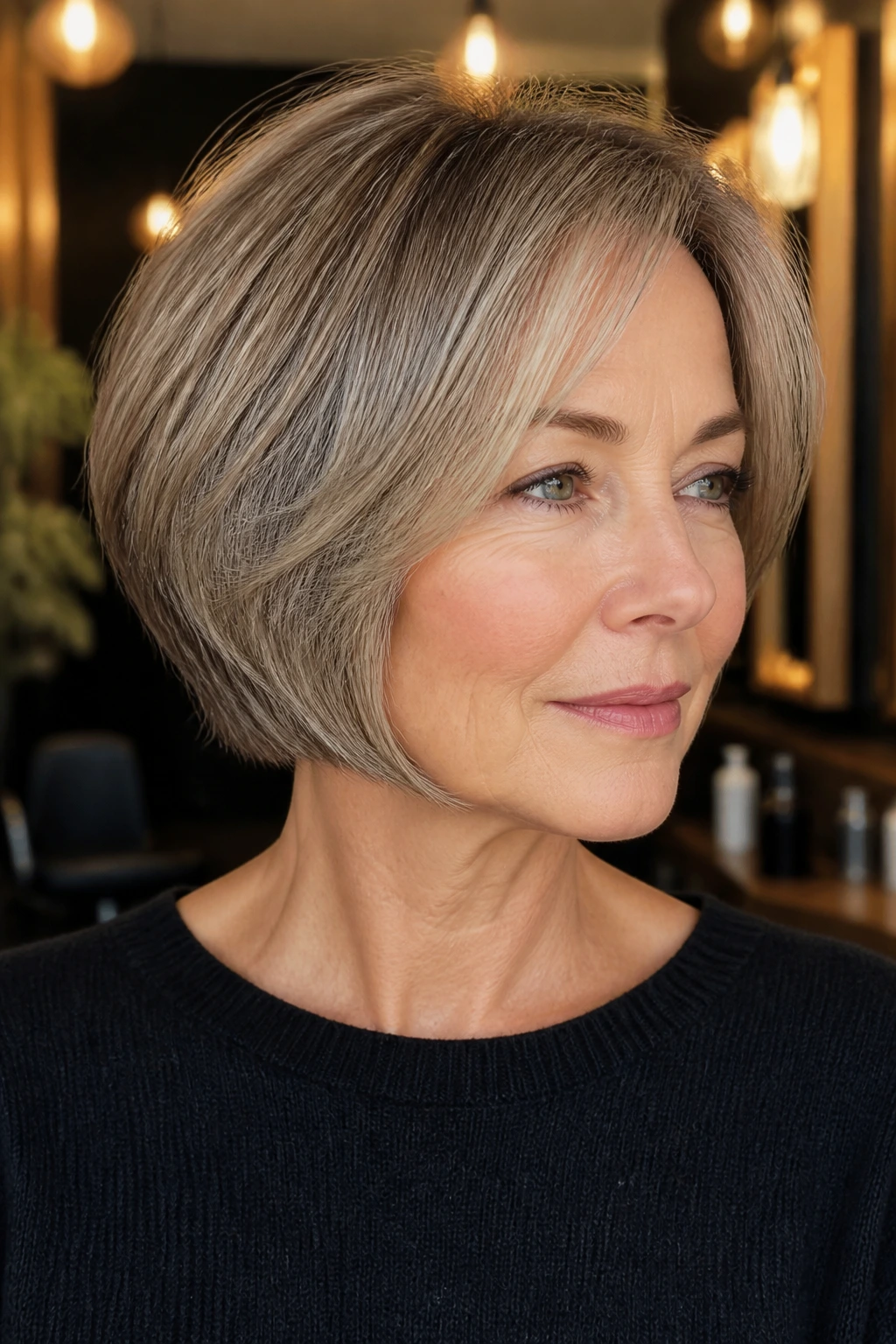 Close-up of a real woman with a chin-length layered bob emphasizing the jawline.