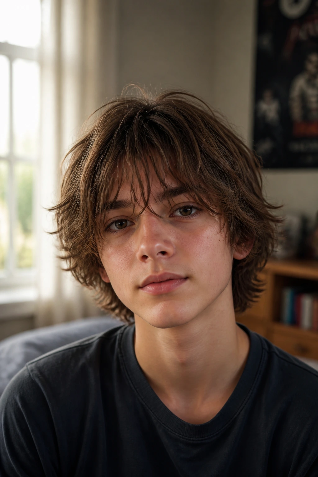 Close-up portrait of a real boy with chin-length layered mop and soft fringe