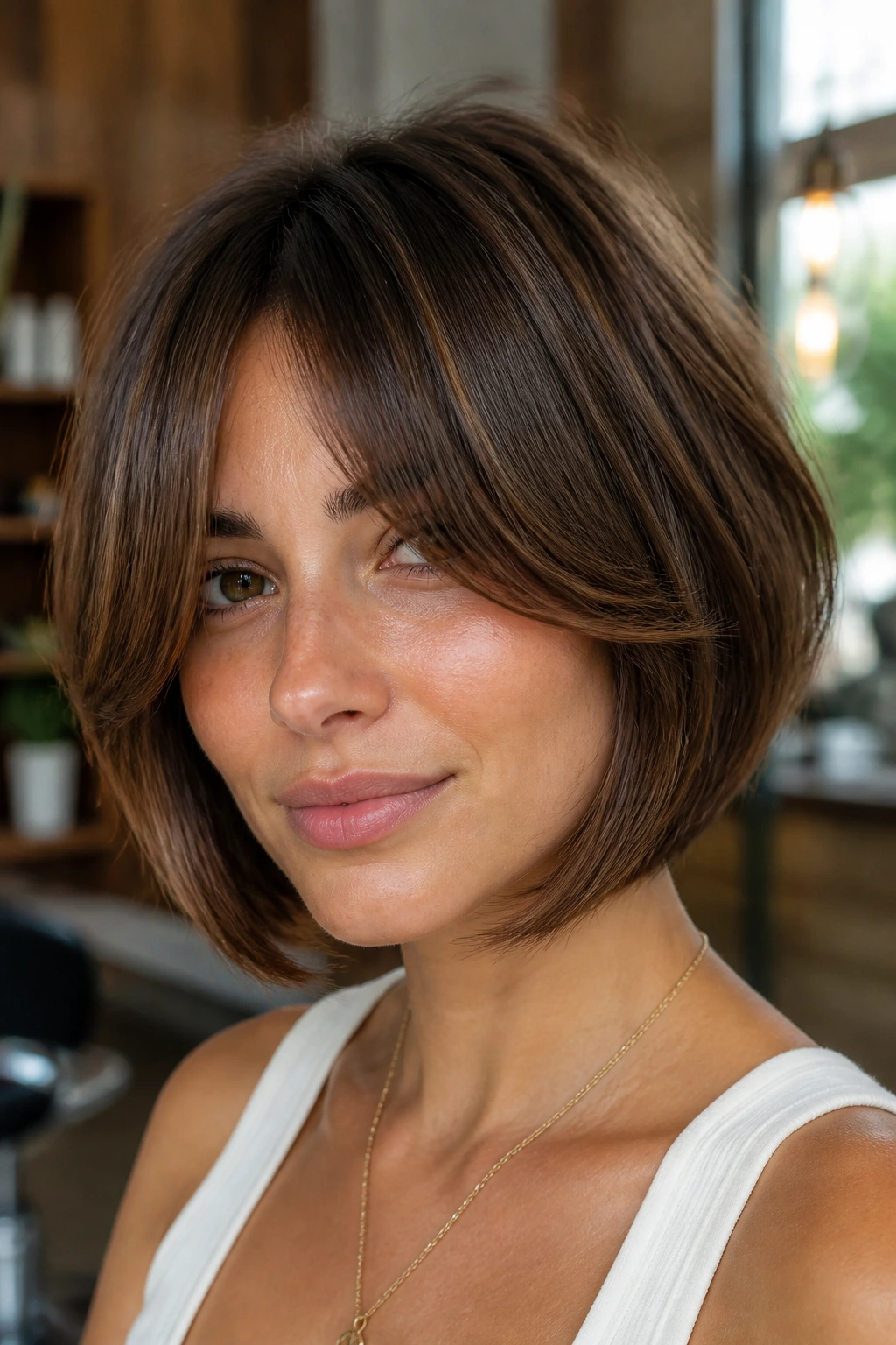 Close-up of woman with chin-length angled lob and curtain bangs.