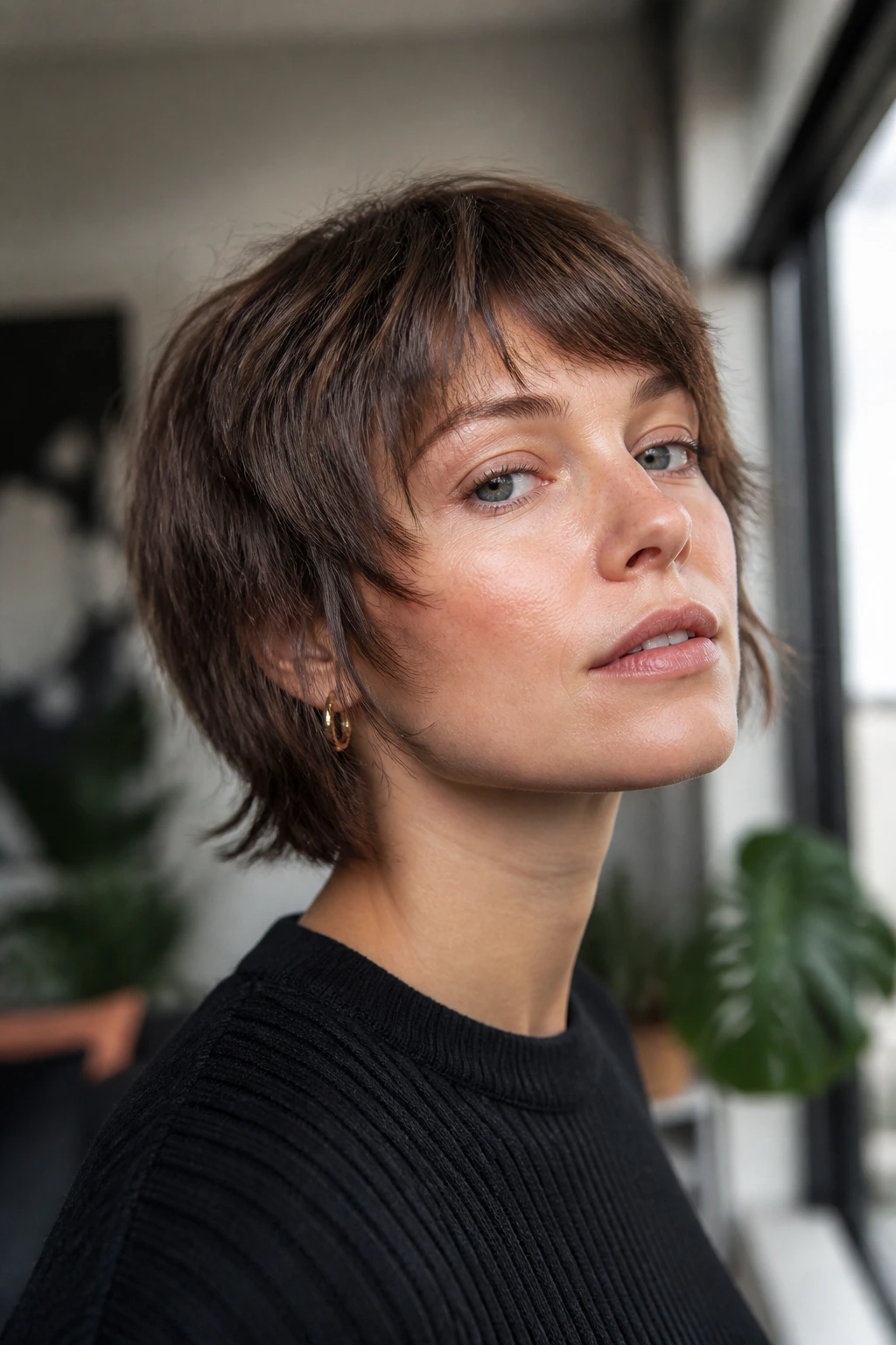 Portrait of a woman with chin-length micro shag showing close-cropped layers around chin