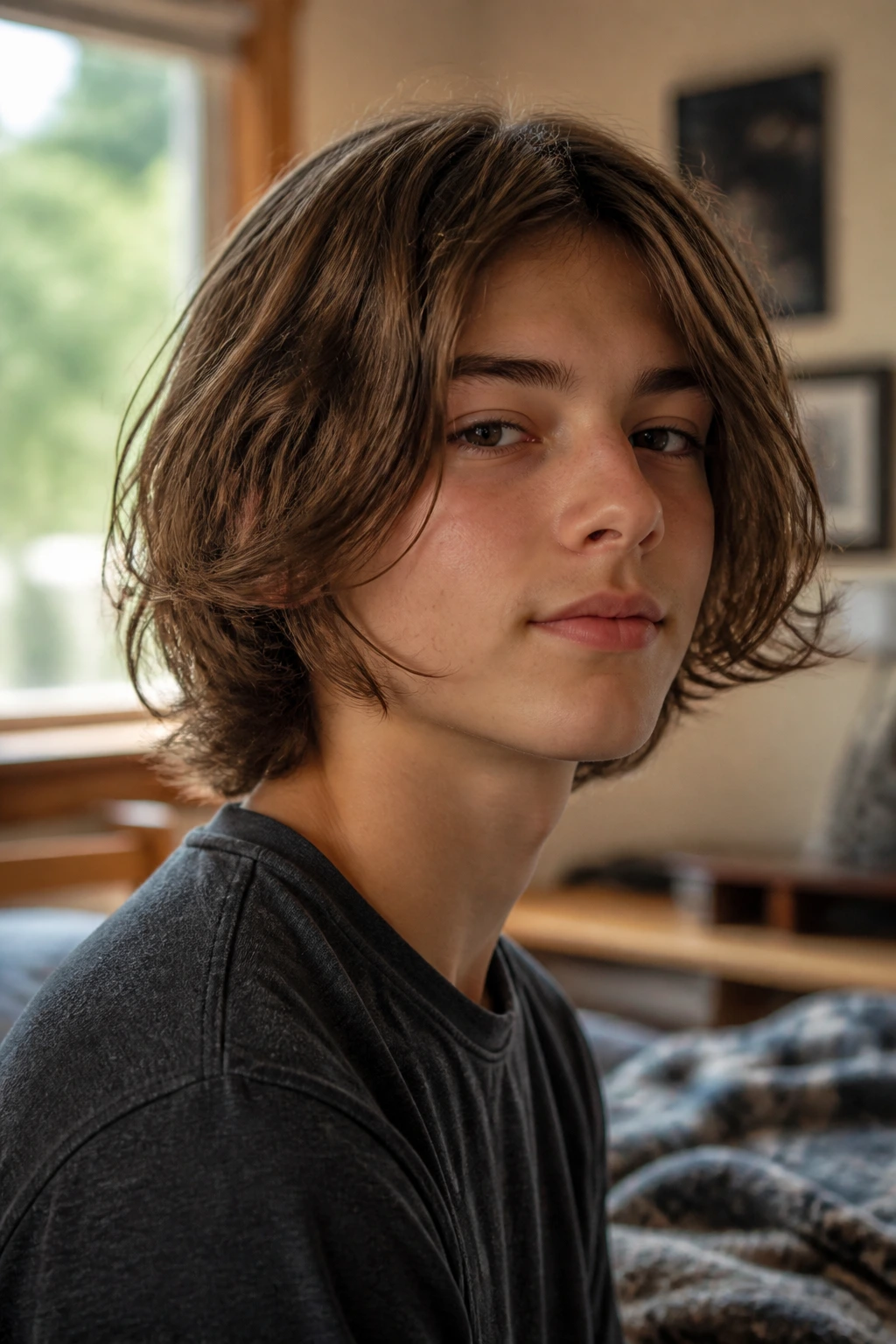 Real boy with chin-length, layered mop haircut showing movement along the jaw