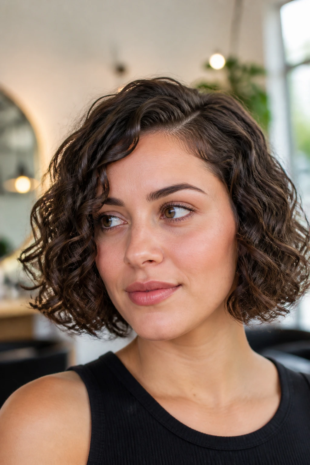 Close-up portrait of a real woman with a chin-length curly bob and off-center part