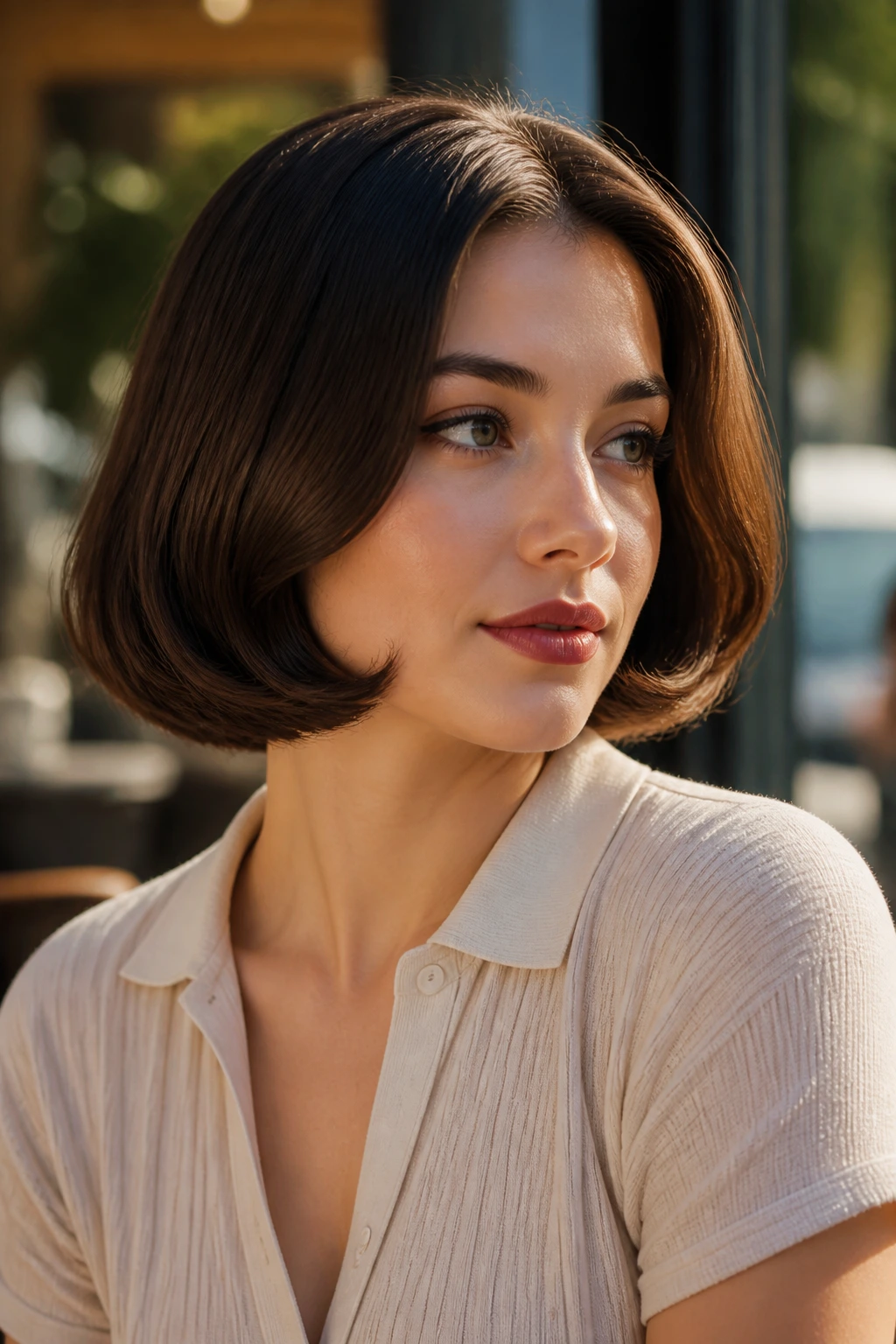 Close-up portrait of a real woman with a chin-length pageboy flip under the jaw in warm light