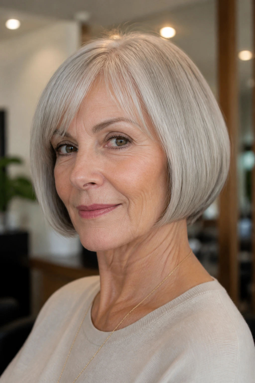Portrait of a woman with a classic chin-length pageboy showing a crisp, curved edge.