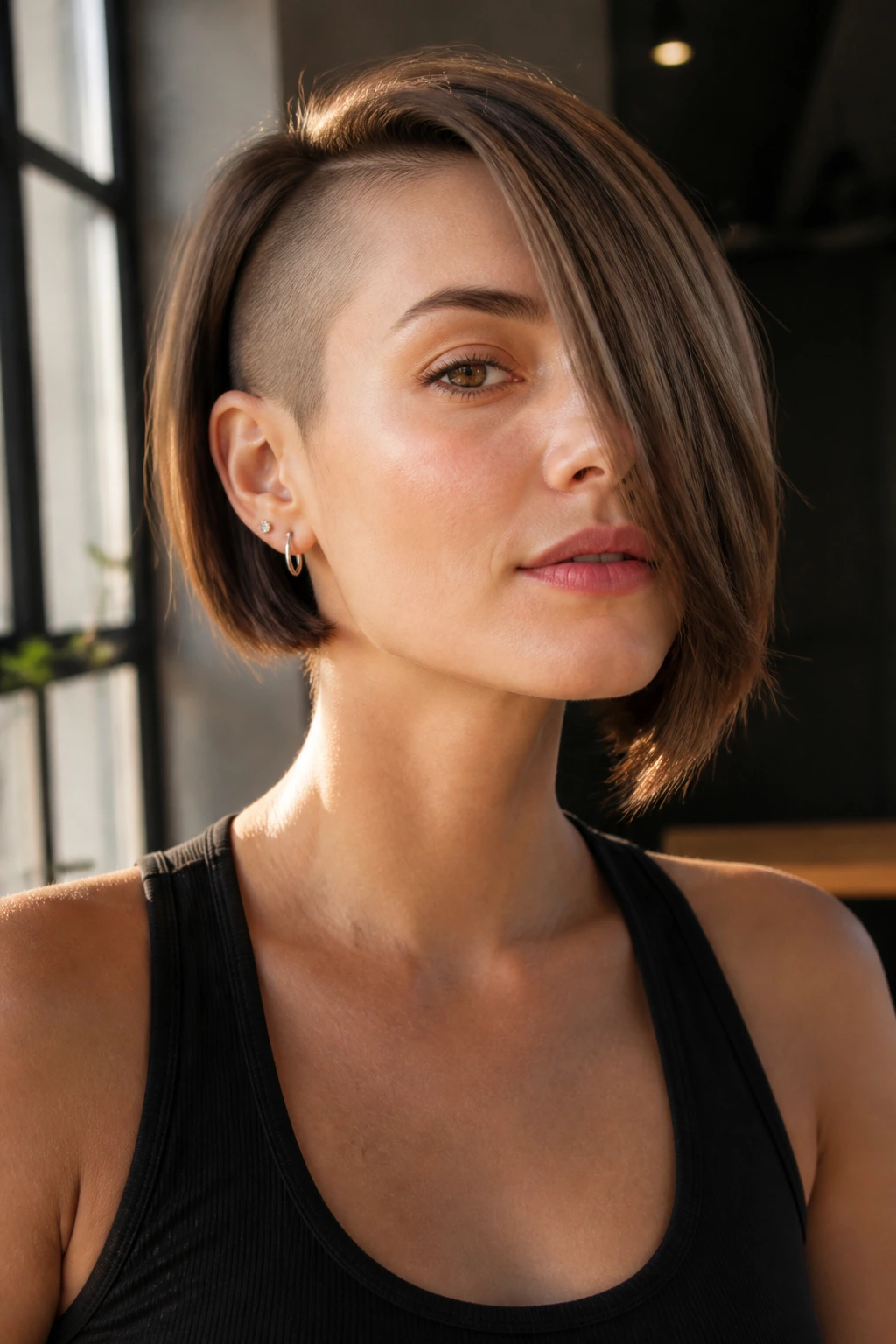 Chin-length razor-cut bob with narrow shaved side on real person