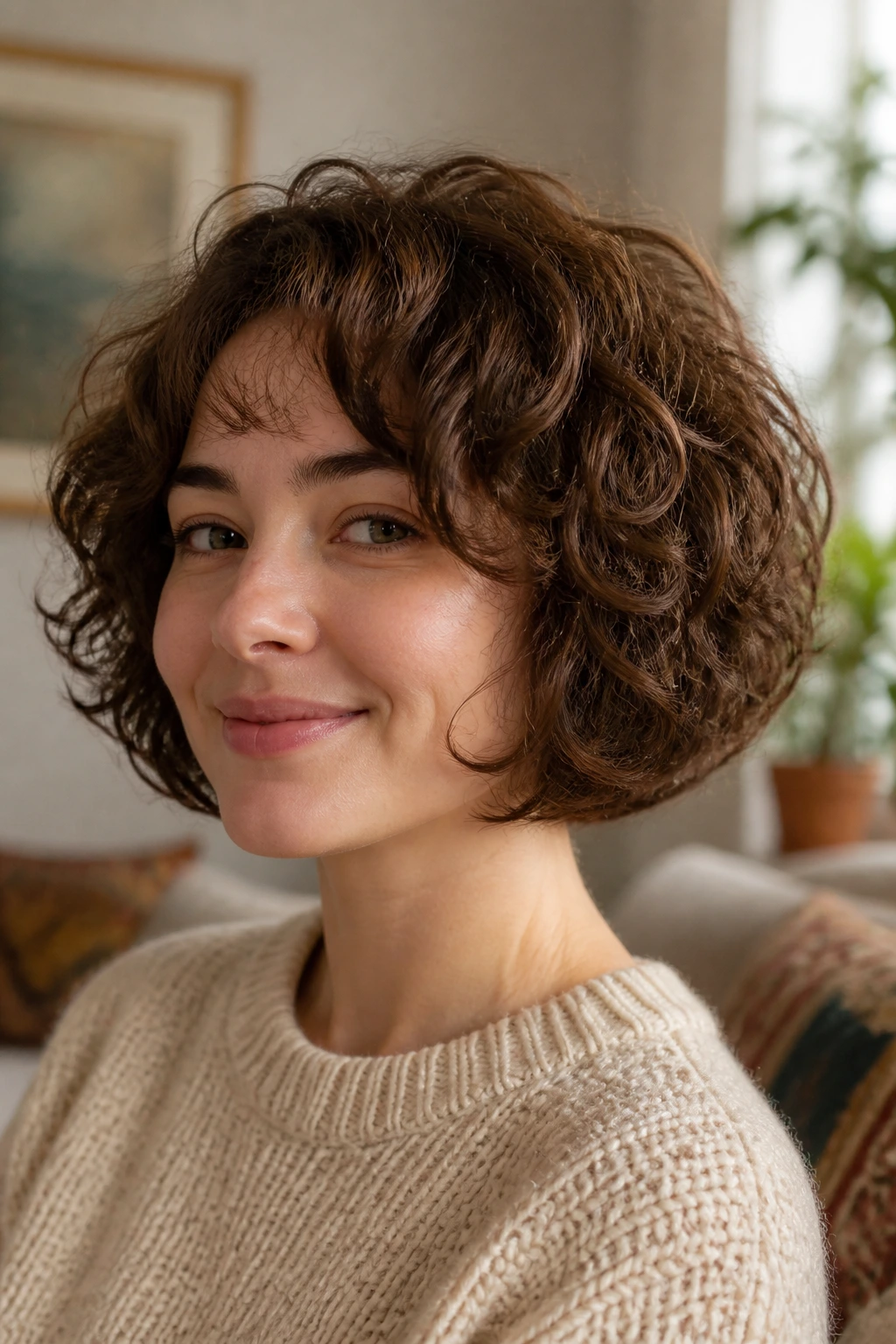 Portrait of a real woman with a chin-length rounded bob and hidden internal layers