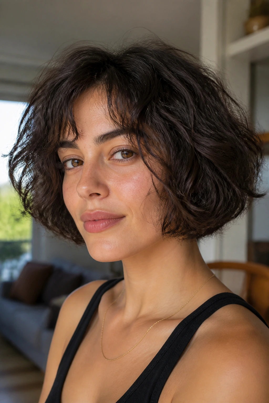 Close-up of a real woman's chin-length rounded bob with soft ends