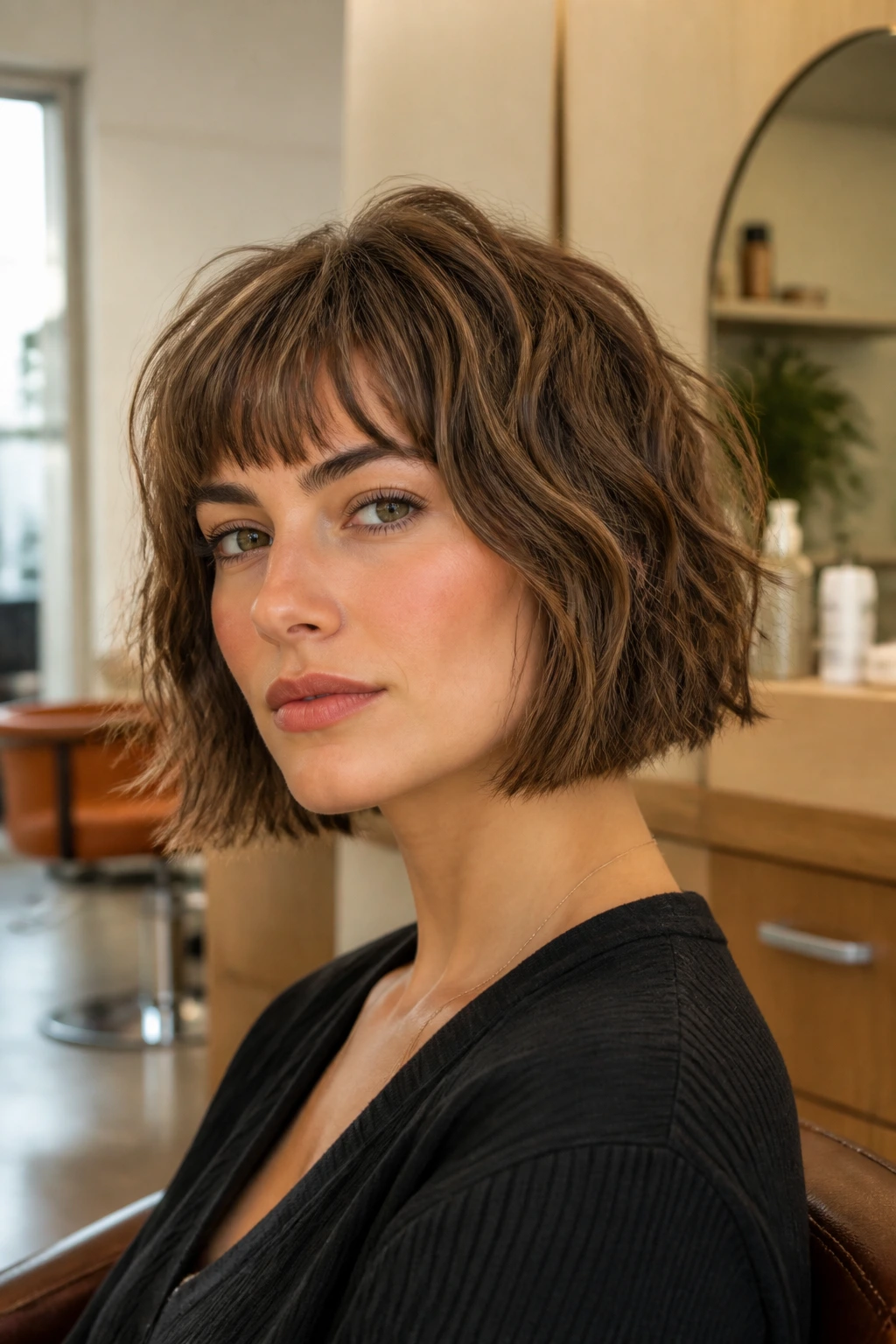 Close-up of chin-length shag bob on a real person