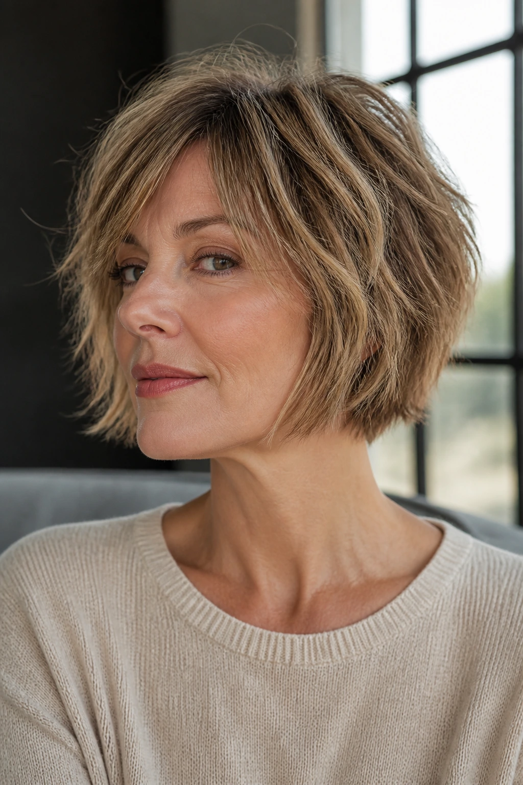 Real woman with chin-length shag bob in softly lit interior
