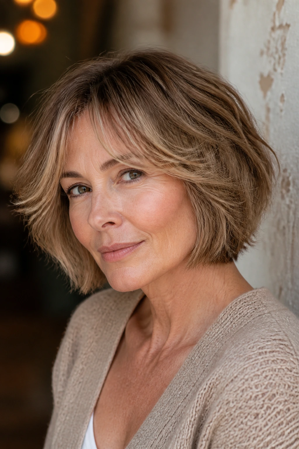 Close-up of a real woman with chin-length shag bob and tapered curtain bangs in warm indoor light