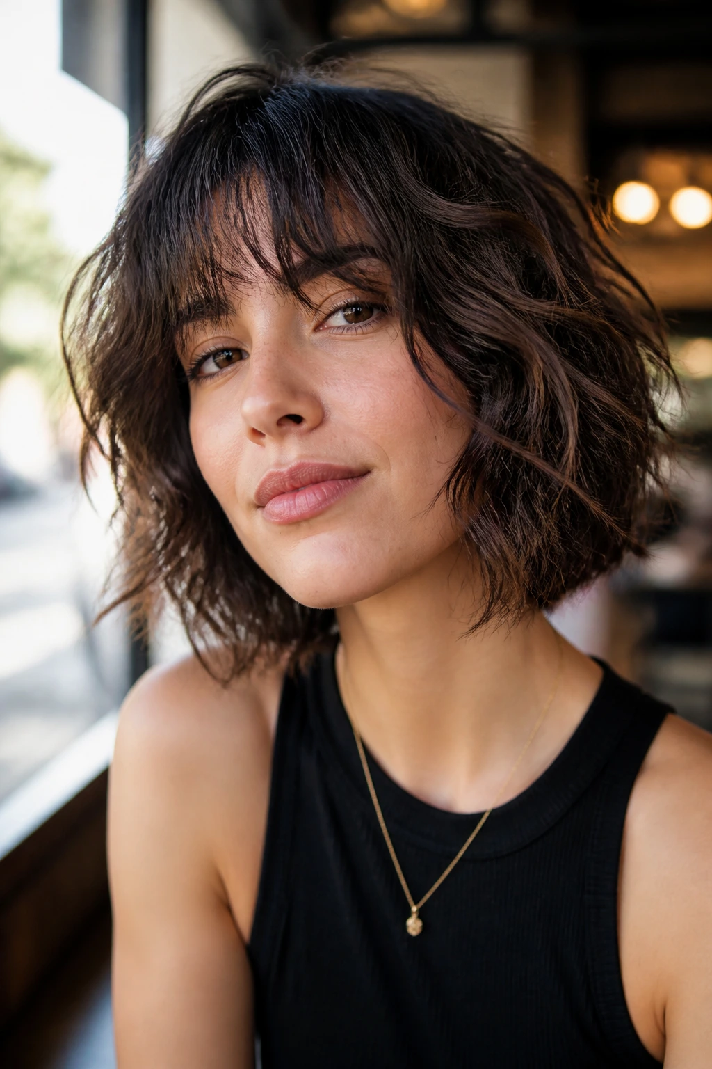 Portrait of a woman with chin-length wavy shag bob in cafe window light