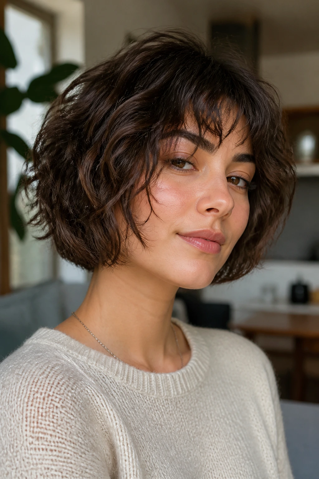 Portrait of a person with chin-length cloud shag showing light, airy layers