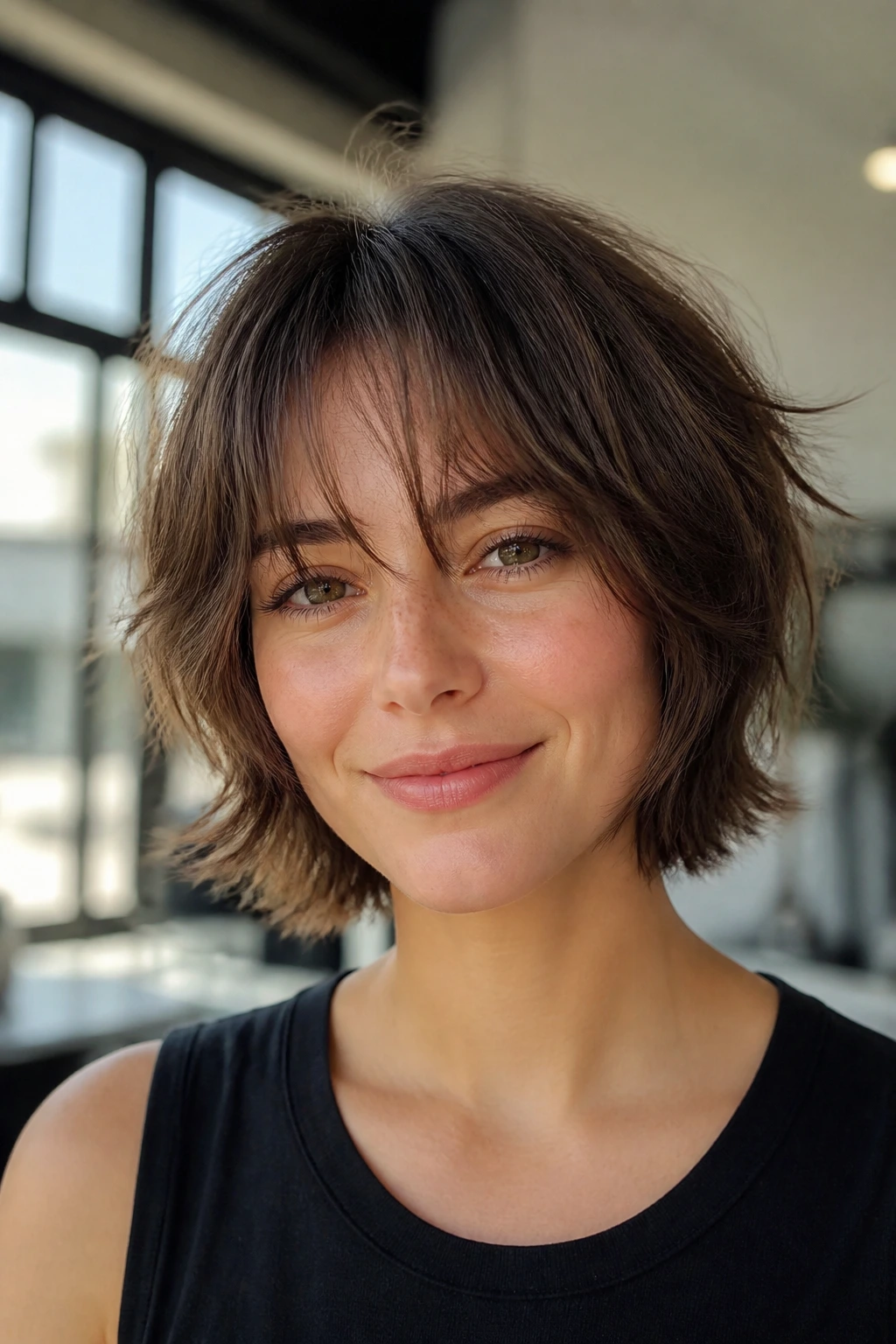 Real woman with chin-length shag and flyaway fringe in a sunny indoor setting