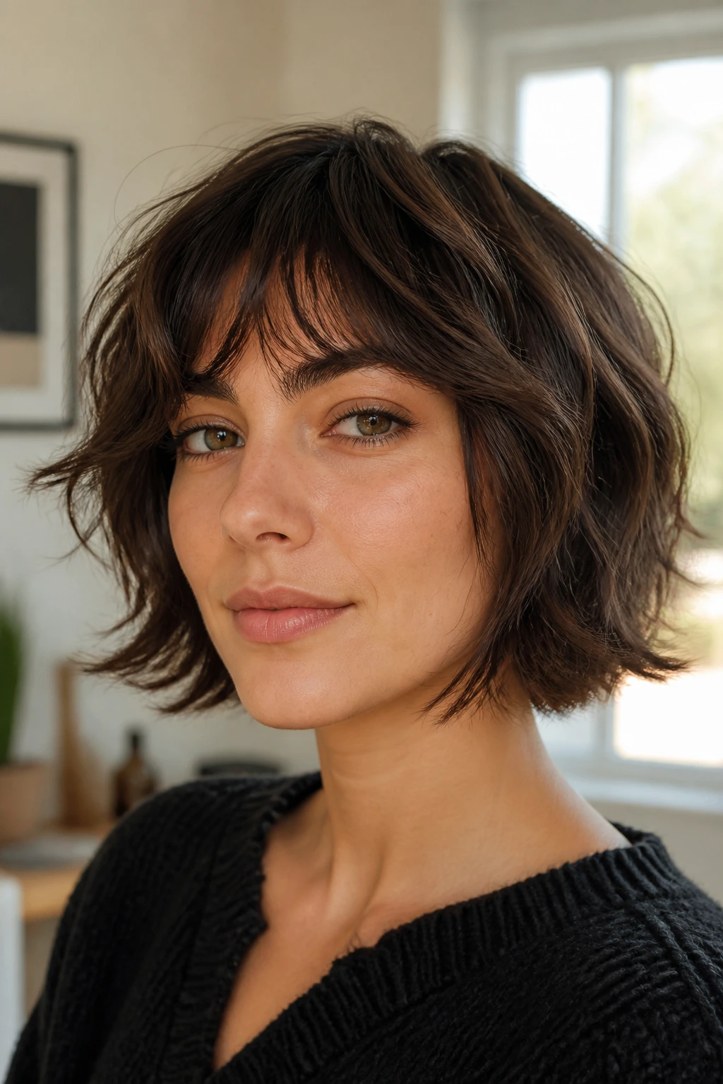 Close-up of a real woman with chin-length shag and soft fringe