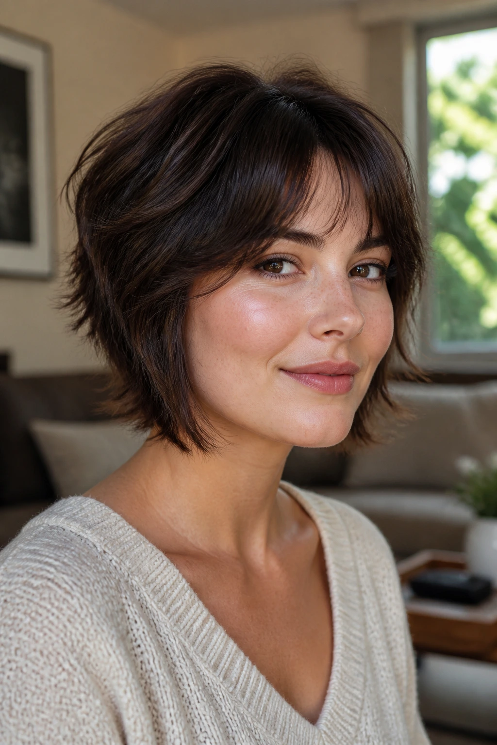 Close-up of a real woman with a chin-length shag and lifted crown.