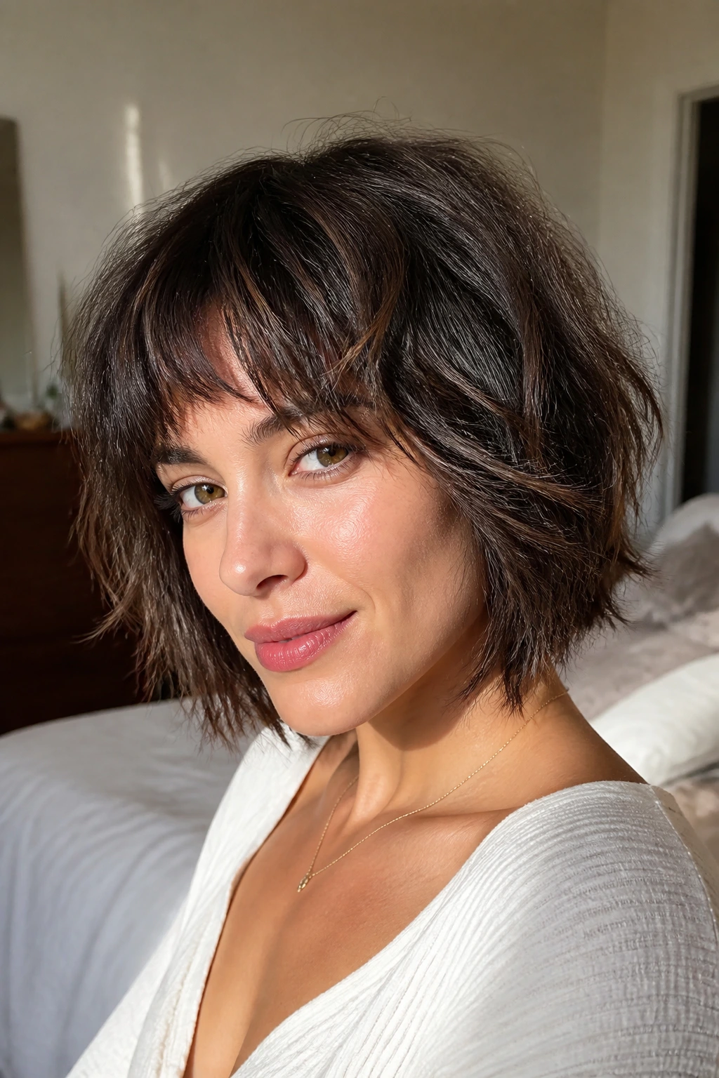 Close-up of a woman with a chin-length shag and choppy layers in bright light