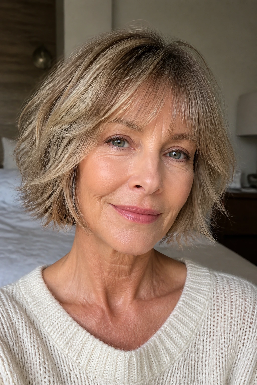 Close-up portrait of a real woman showcasing a chin-length shag with soft layers in natural window light