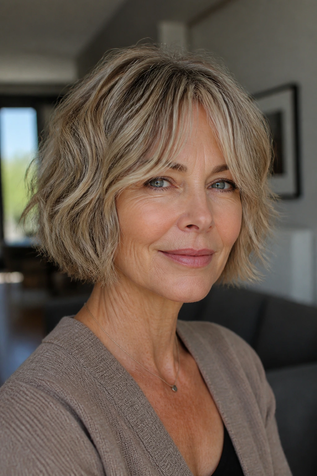 Close-up of a woman in her 50s with a chin-length shaggy bob and curtain fringe