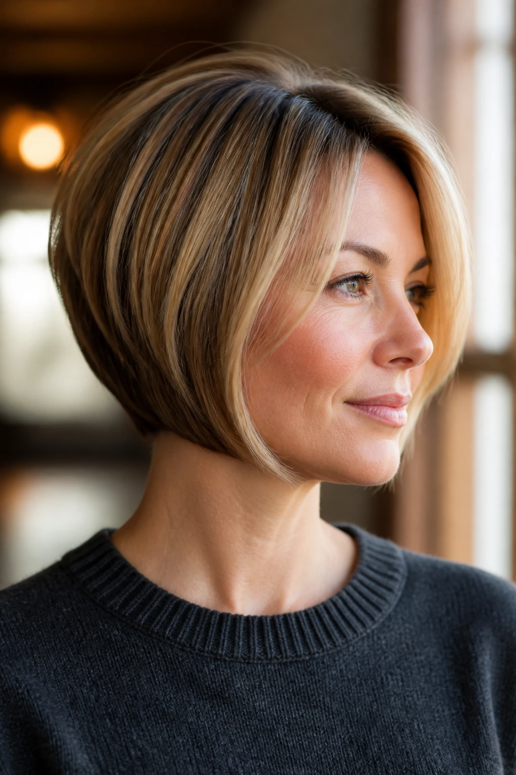 Medium close-up of a real woman with a chin-length stacked bob and cheekbone-skimming front pieces.