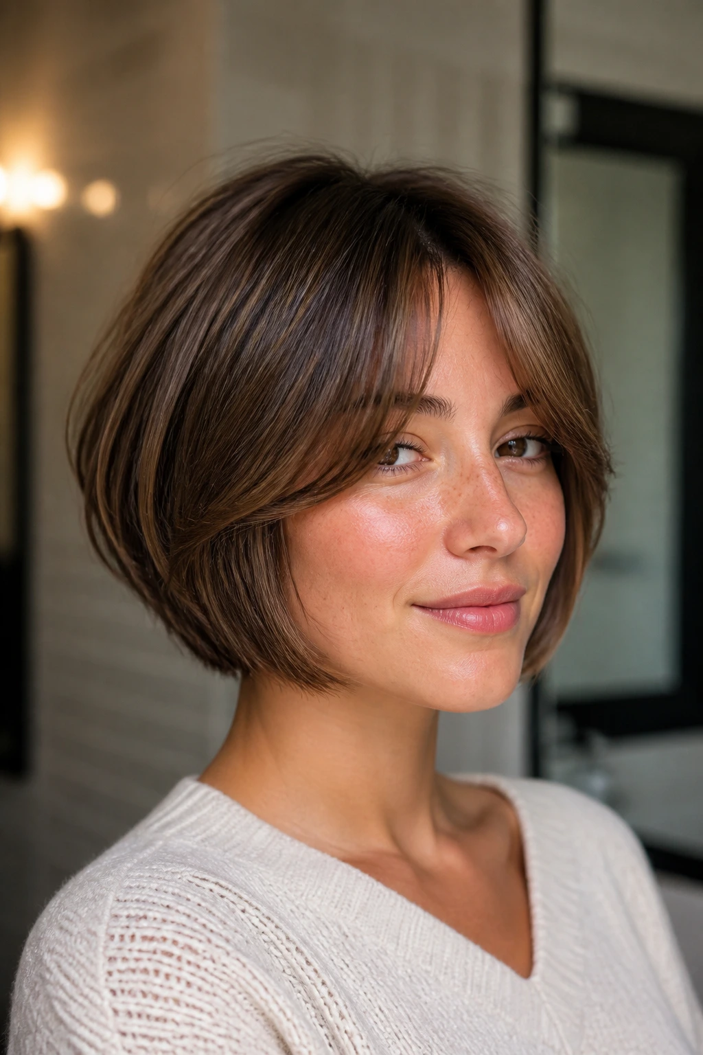 Real woman with chin-length stacked bob and soft curtain bangs