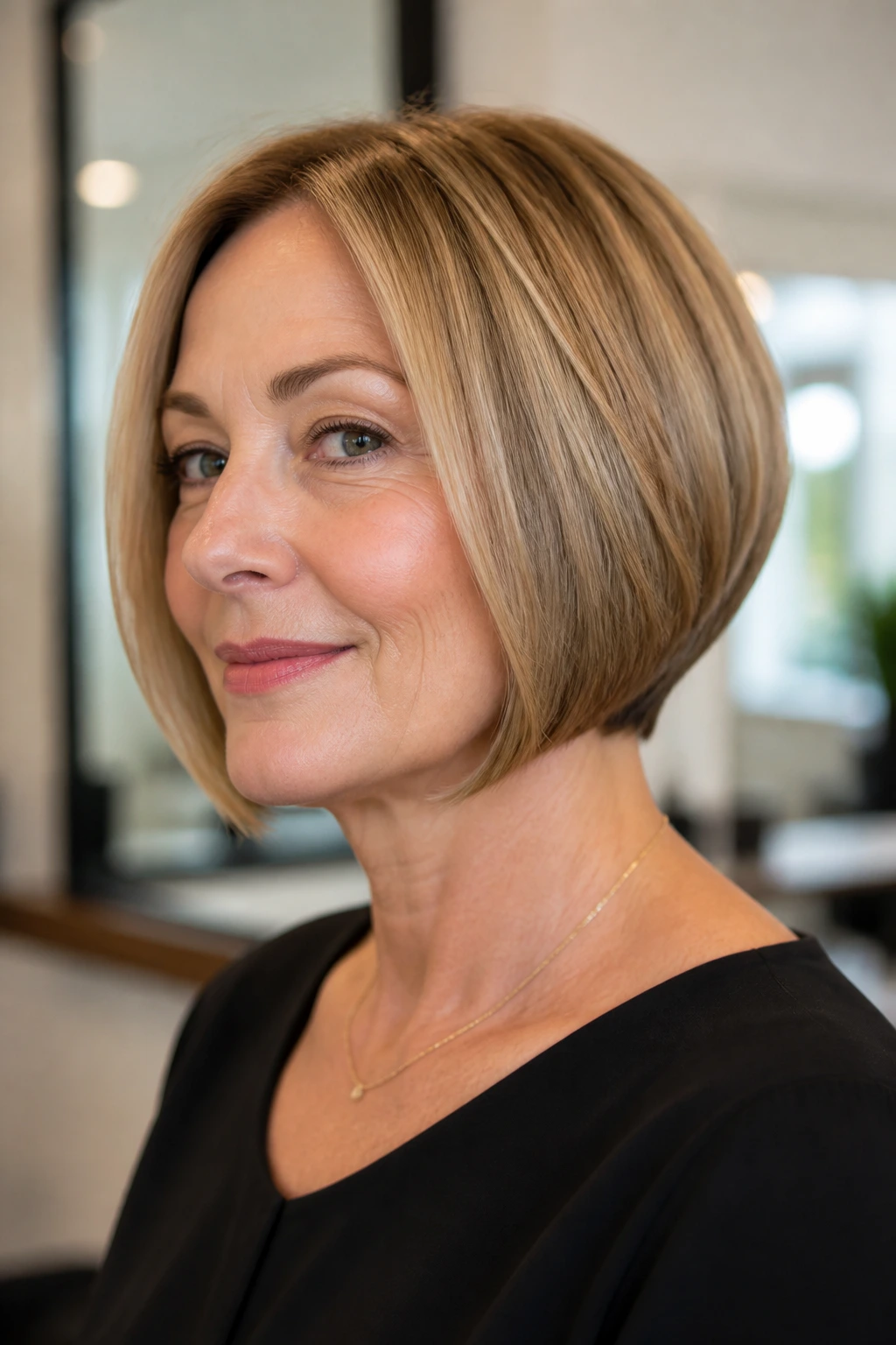 Portrait of a woman with a chin-length stacked bob showing a crisp front edge.