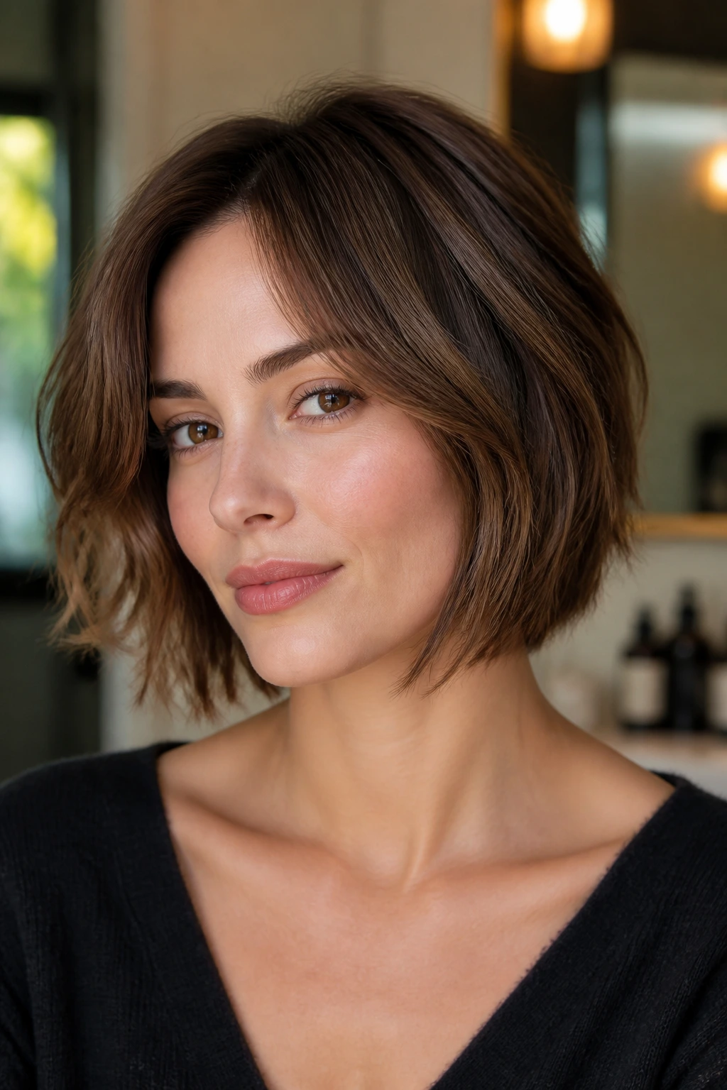 Close-up portrait of a real woman with a chin-length textured bob and airy ends
