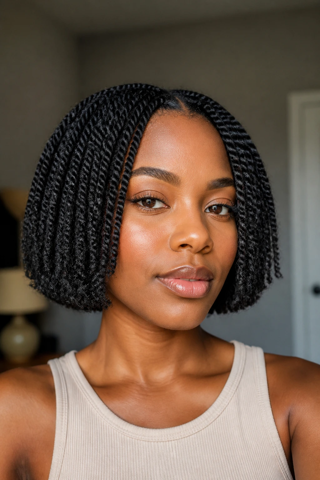 Chin-length twist bob on real person