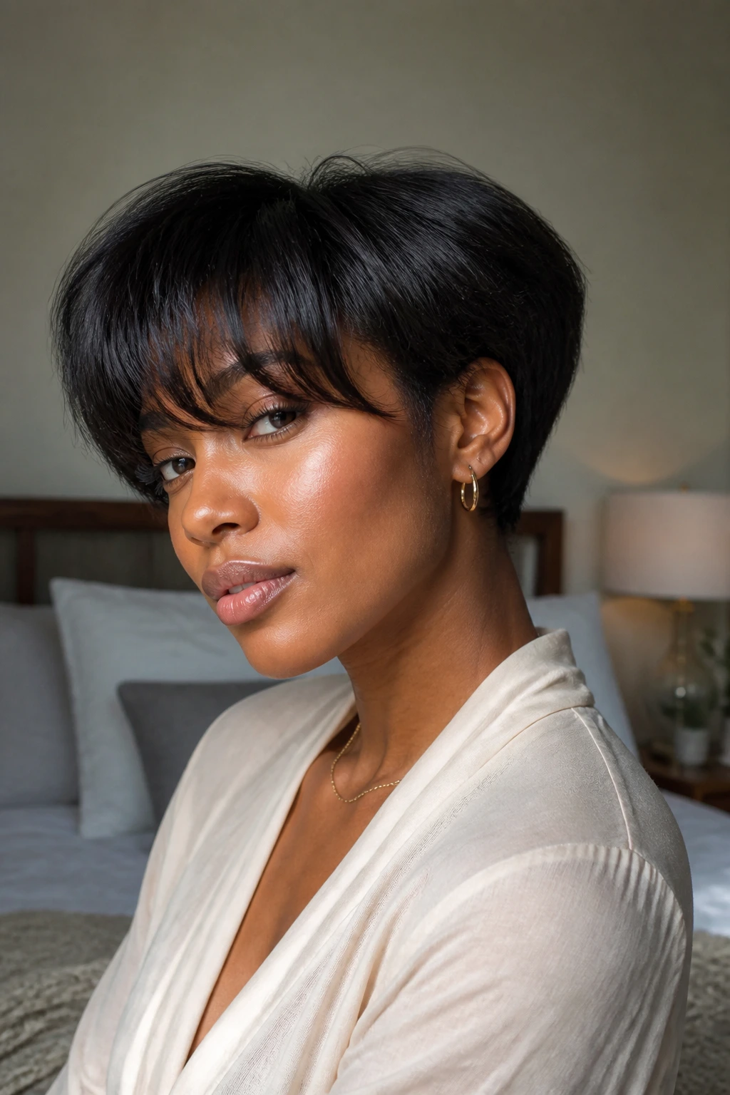 Portrait of a Black woman with chin-length two-block and soft bangs