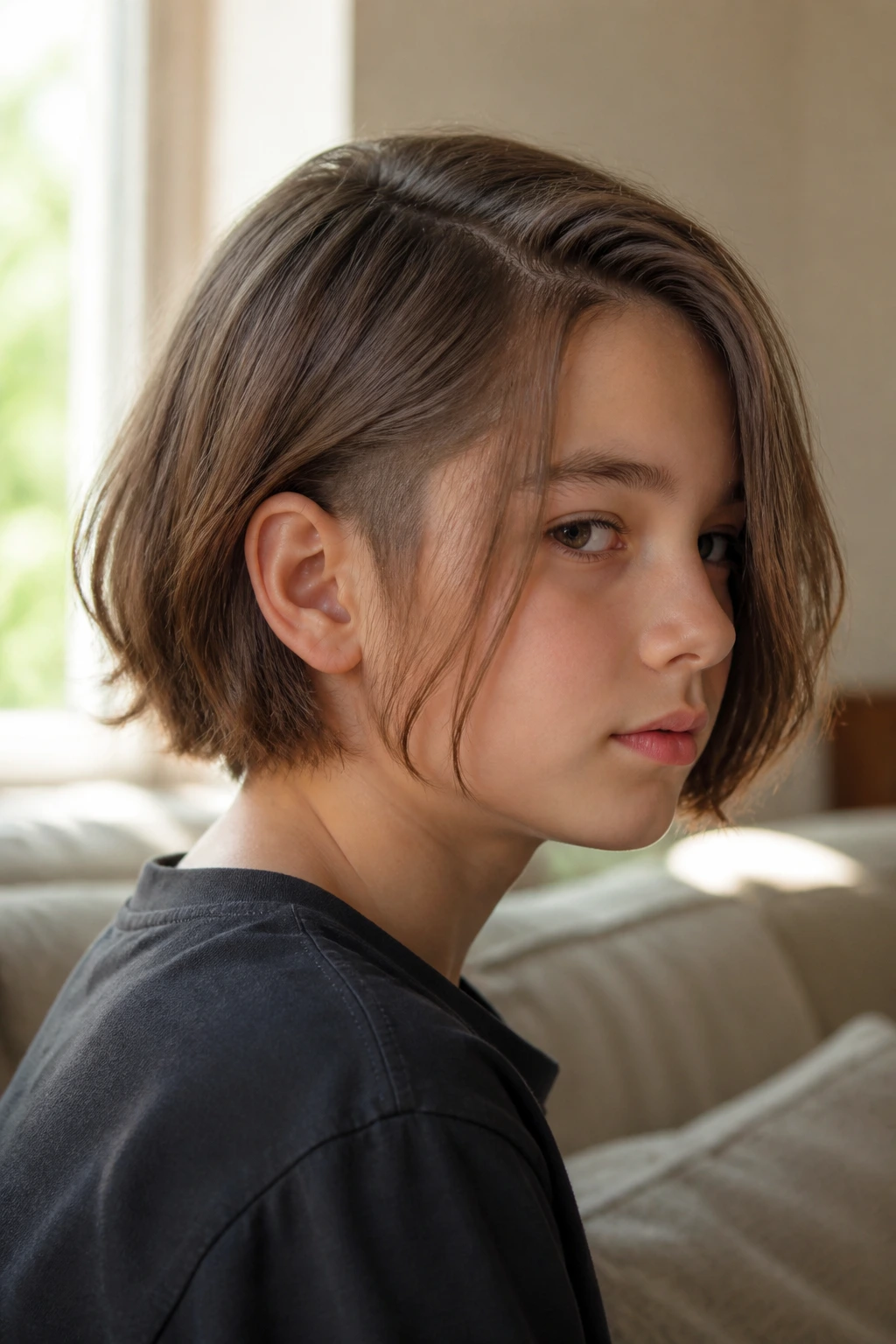 Close-up of a boy with chin-length undercut bob and soft ends.