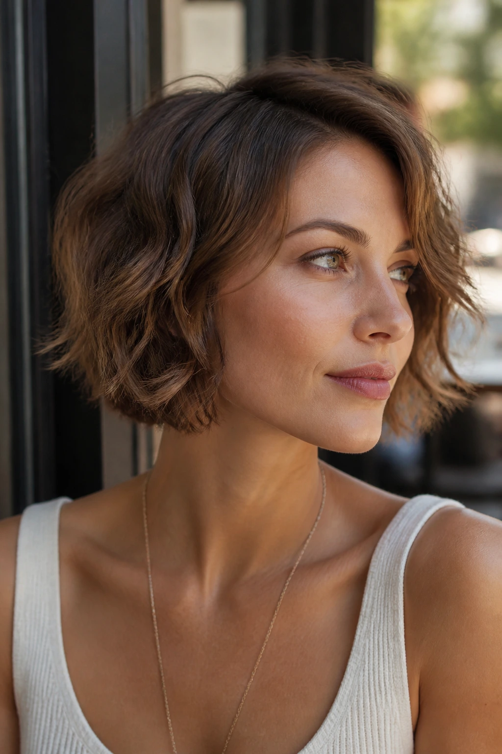 Close-up of a real woman with chin-length softly waved crop framing the face.