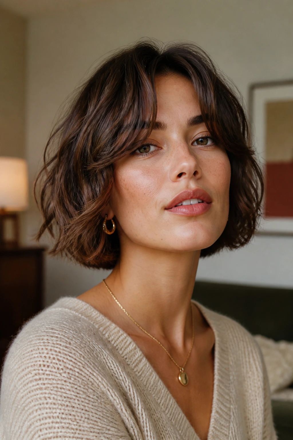 Portrait of a person with chin-length wavy bob and curtain bangs