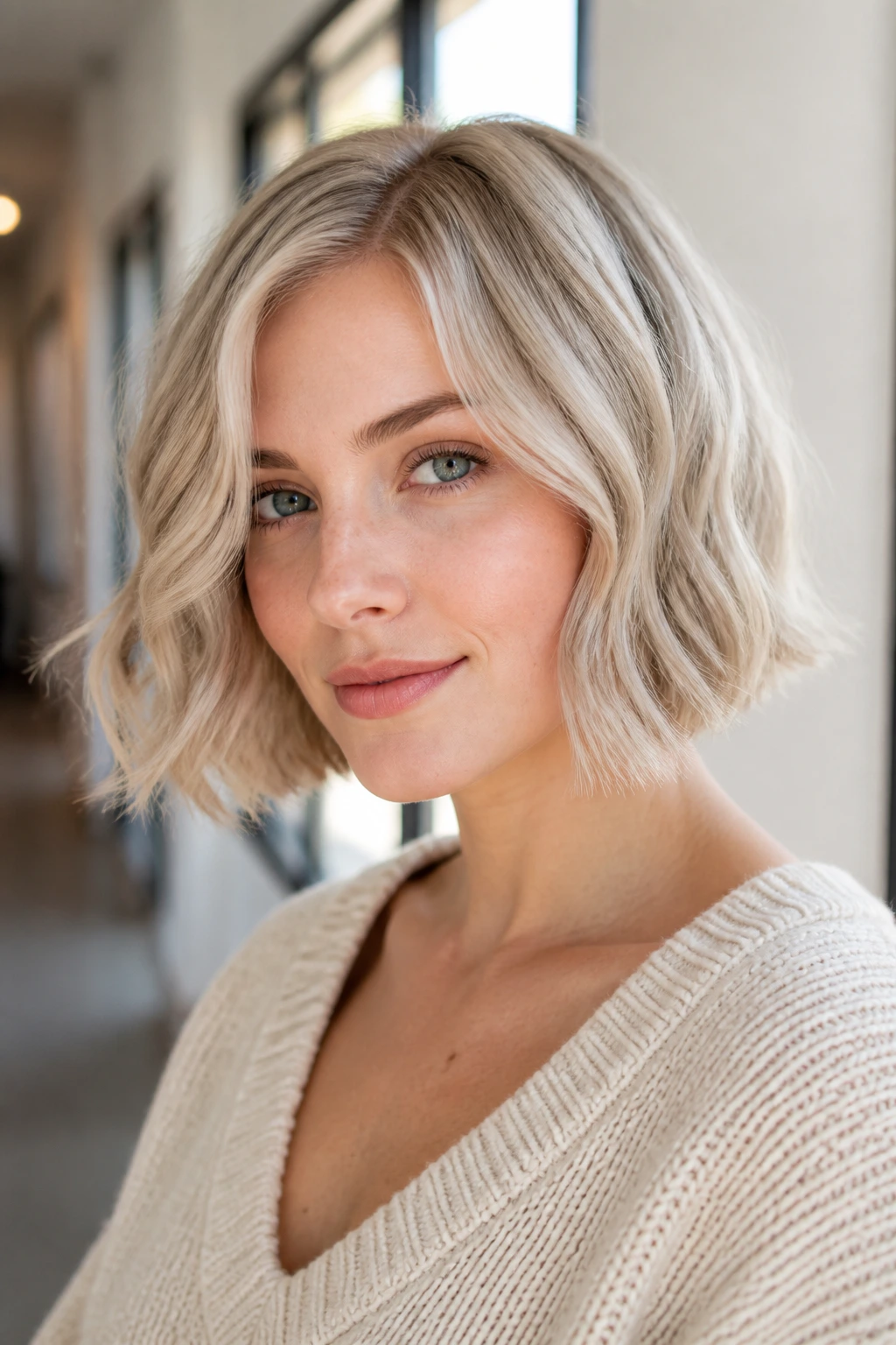 Portrait of a real woman with a chin-length wavy bob in steel blonde.