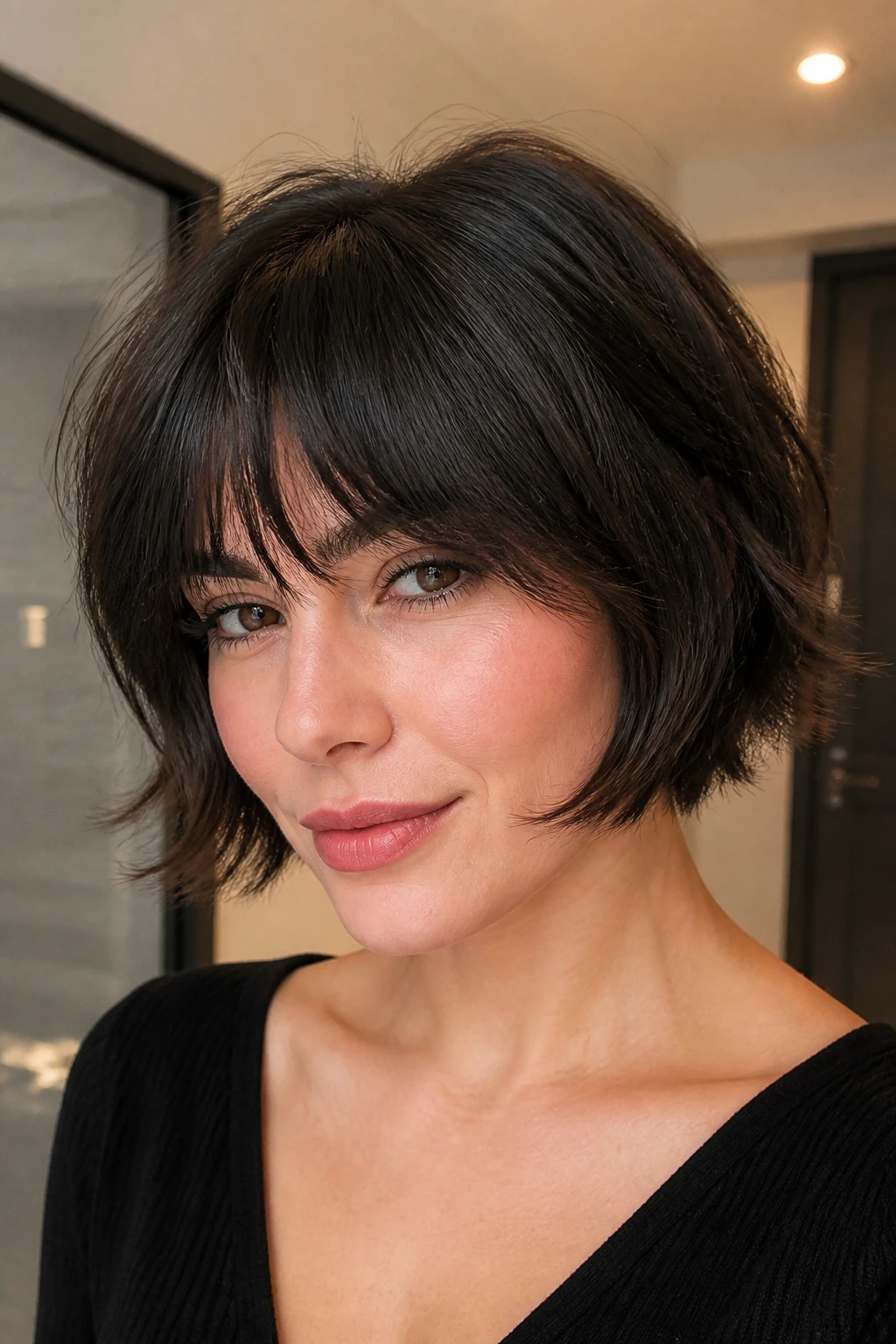 Portrait of a woman with chin-length mini wolf bob in warm indoor light