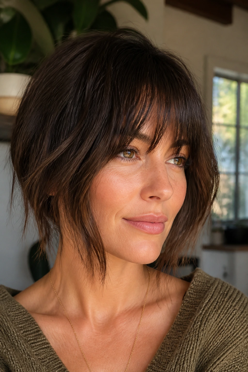 Close-up of chin-opening face frame bangs on a real woman