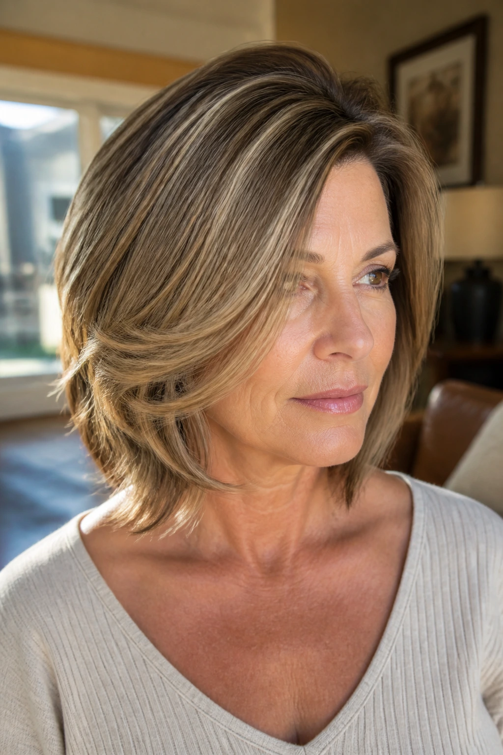 Portrait of a woman with chin-opening layers and a deep side part showing jawline.