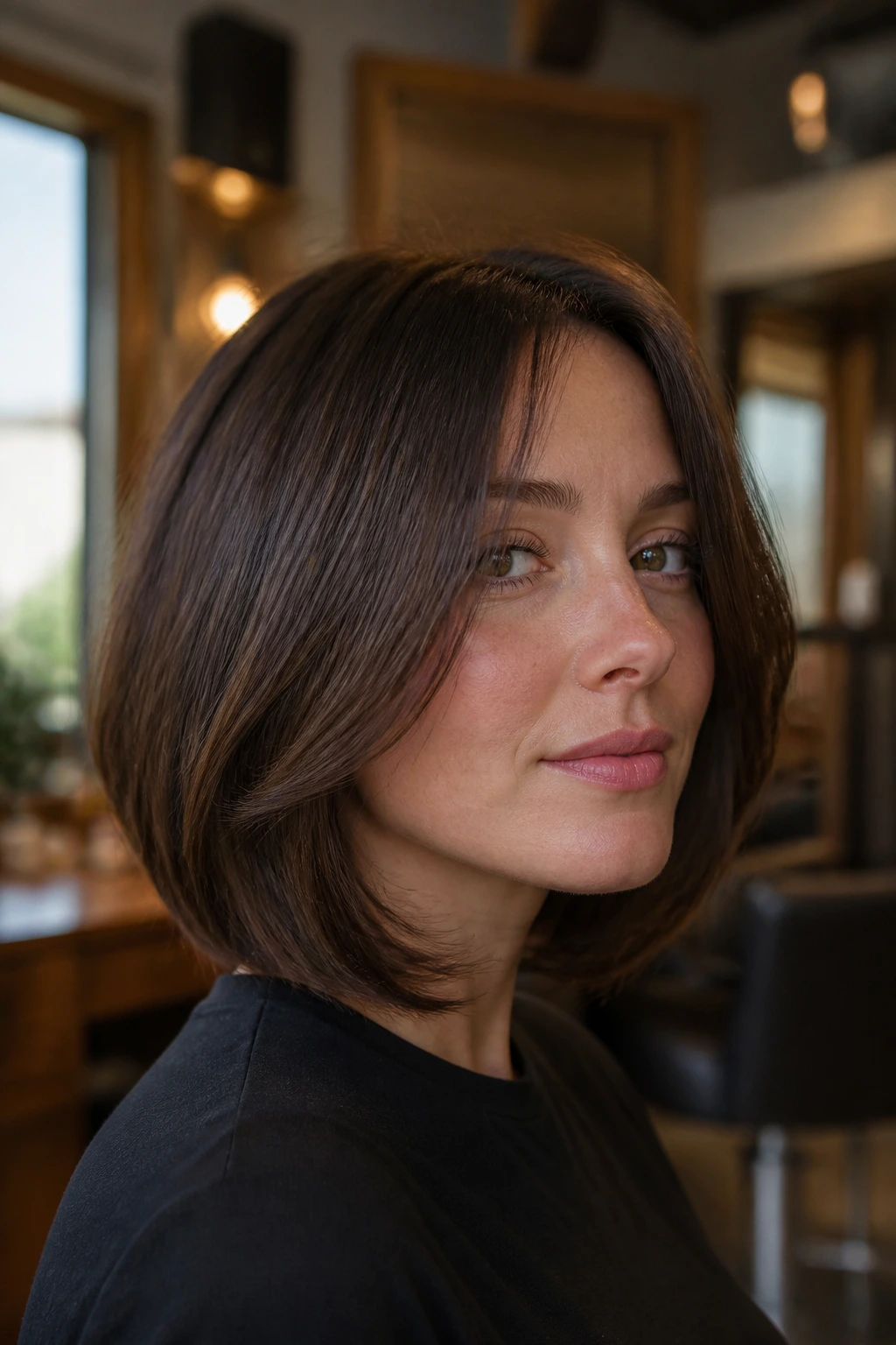 Close-up portrait of a real woman with chin-rest layers framing the chin