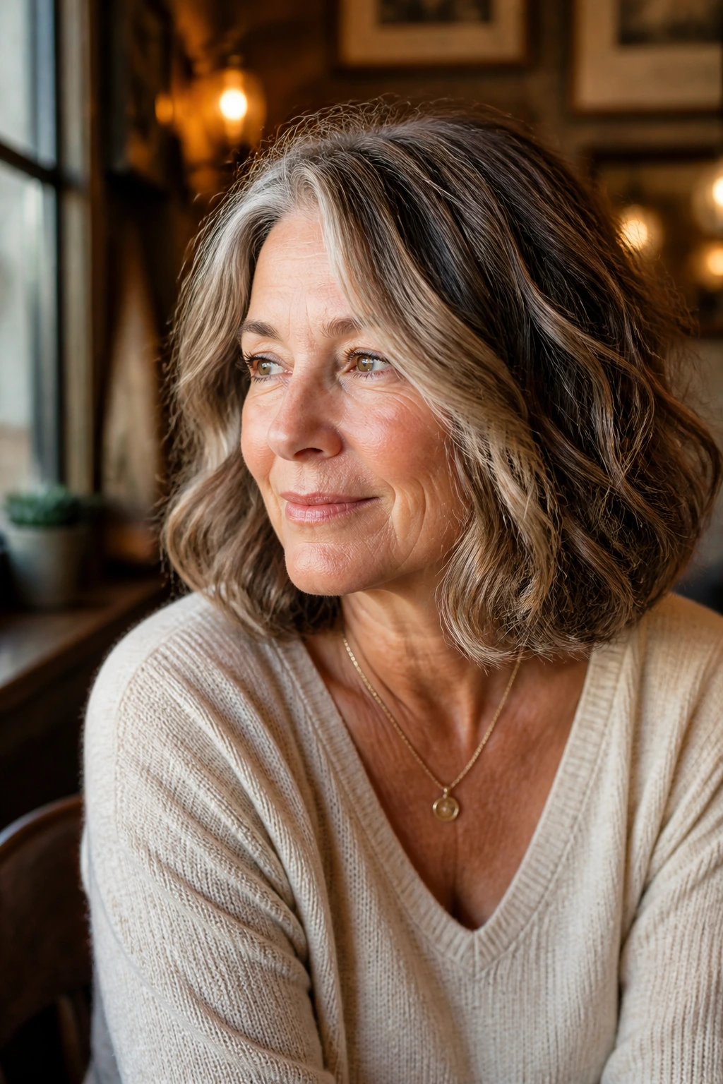 Real woman with chin-to-shoulder hybrid bob in cafe interior