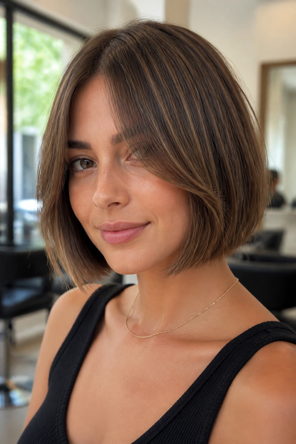 Close-up of a real woman with chin-skimming lob and long curtain bangs.