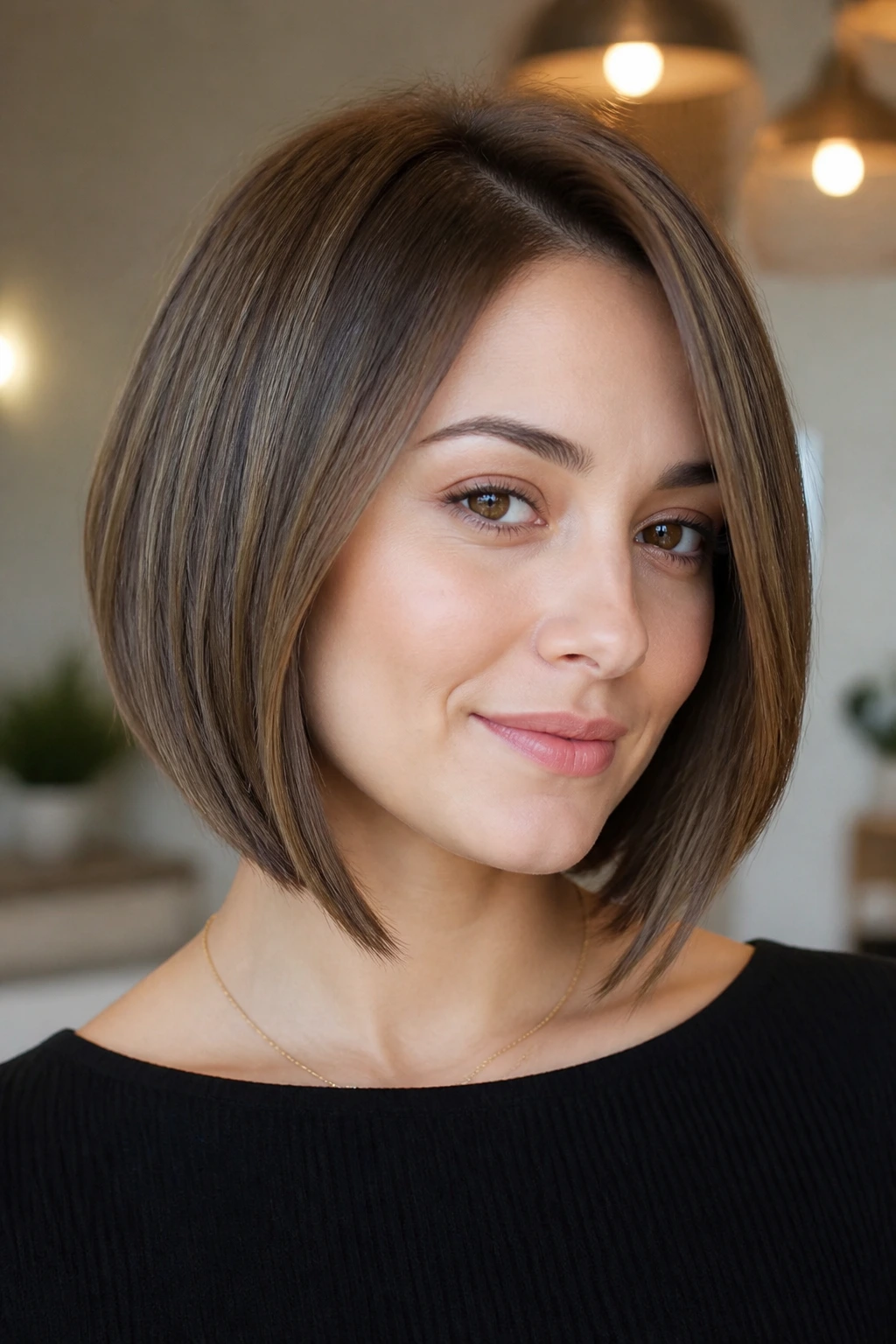 Close-up of a woman with a chin-skimming A-line bob.