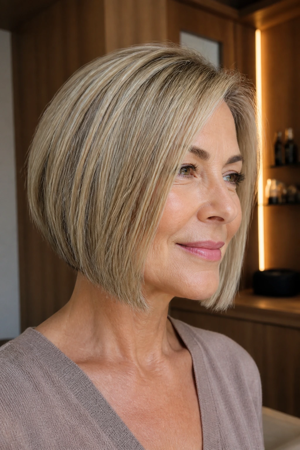 Close-up of a real woman wearing a chin-skimming forward angled bob