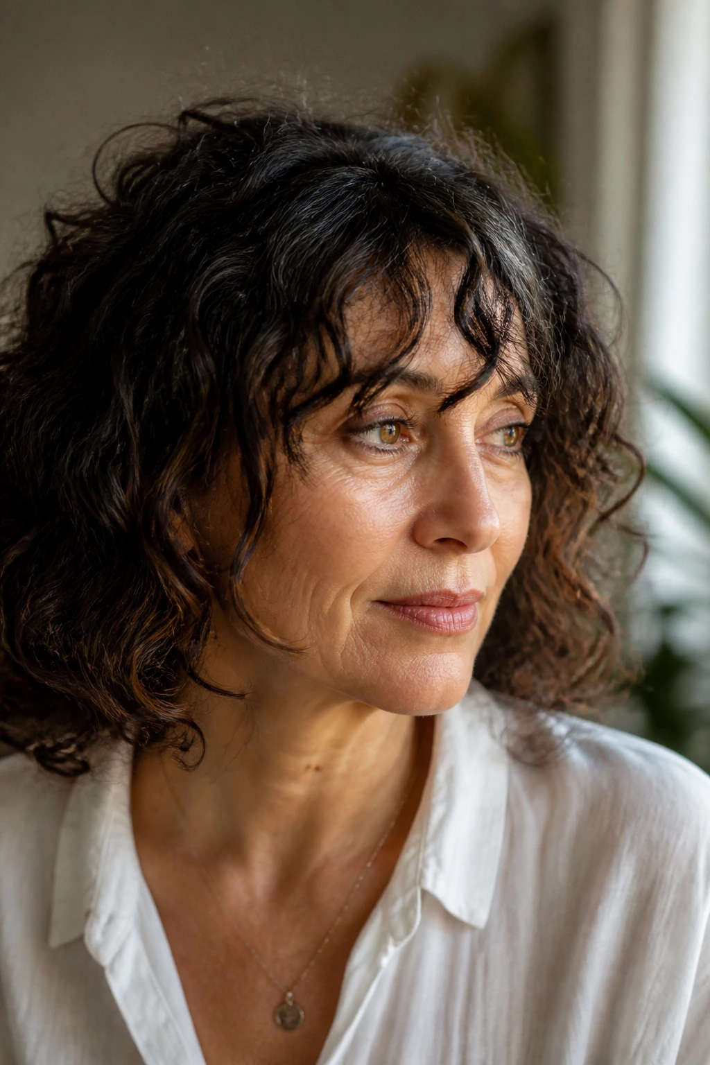 Close-up portrait of a real woman with chin-skimming bangs framing her jaw and cheeks.