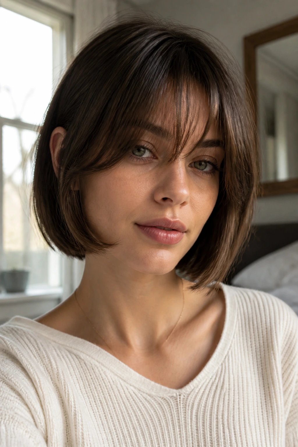 Close-up of real woman wearing chin-skimming face frame bangs in soft window light
