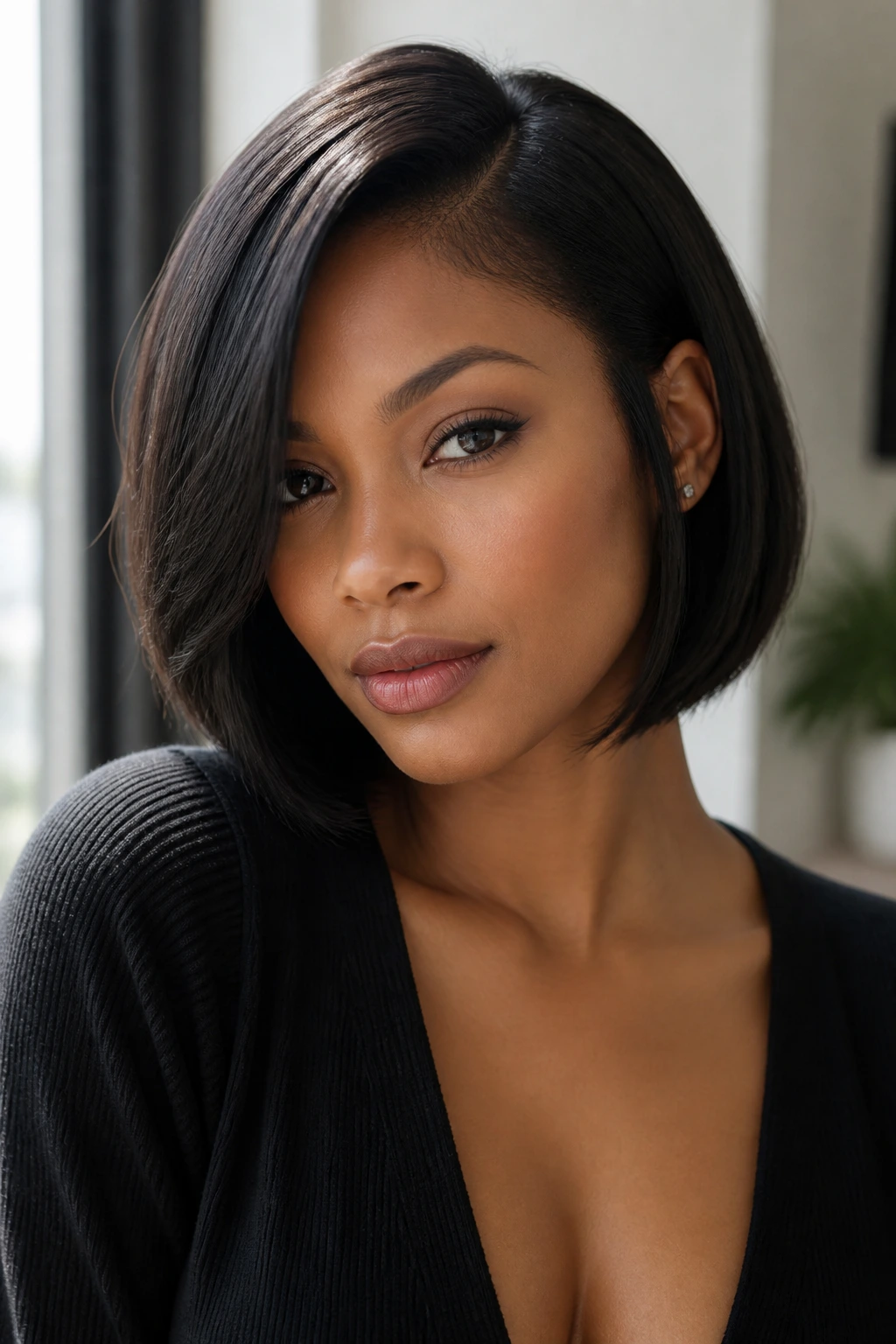 Portrait of a person with chin-skimming bob and deep side part