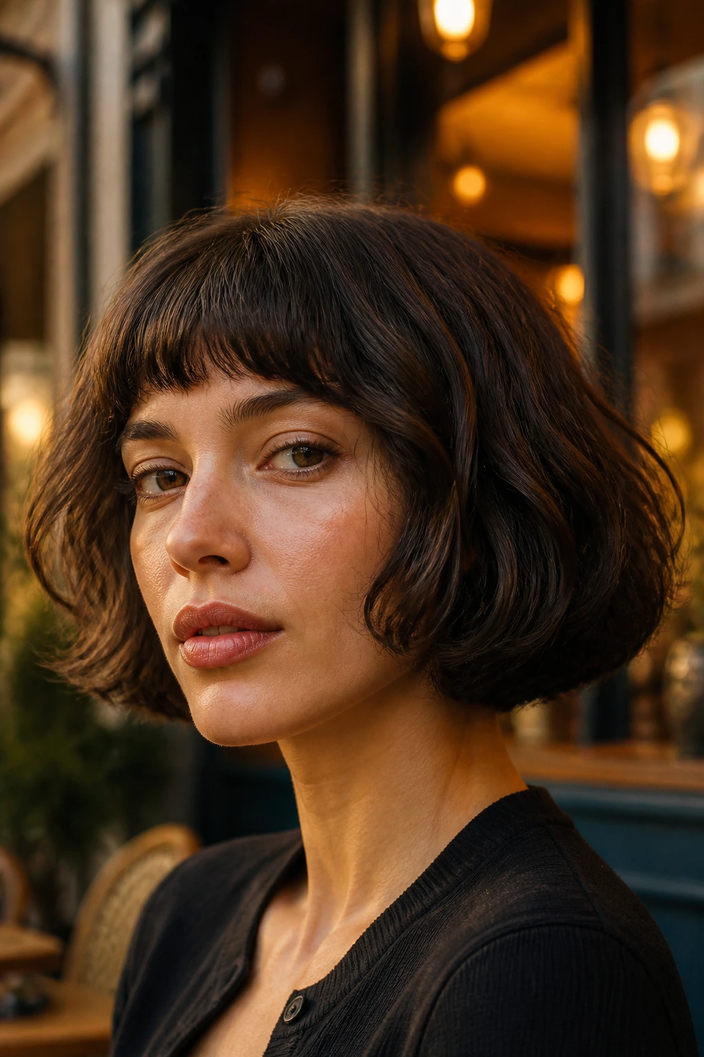 Close-up portrait of a real woman with chin-skimming rounded bob and baby bangs in warm light